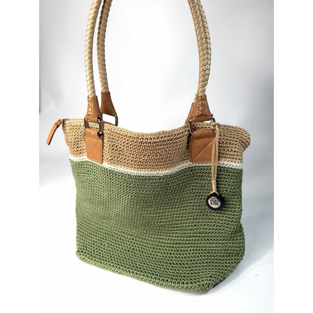 The Sak Cambria Crochet Tote Bag Woven Shoulder Purse Zip Top Braided Handle